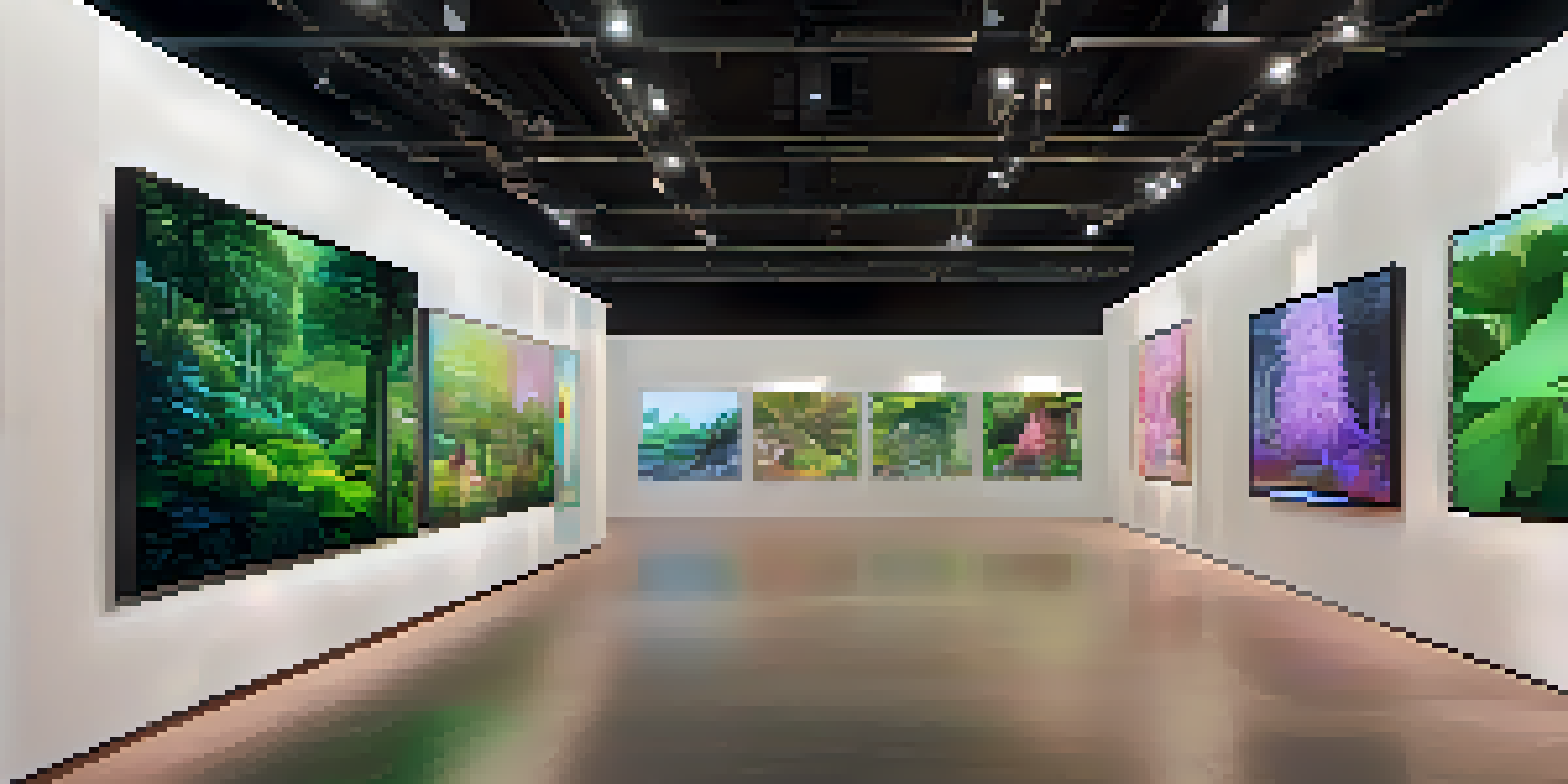 A modern digital art gallery filled with various NFT artworks, illuminated with soft lighting and surrounded by plants.