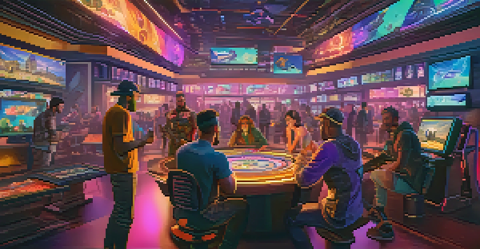 A lively virtual marketplace where players engage with their unique NFT characters and digital assets, surrounded by a futuristic cityscape.