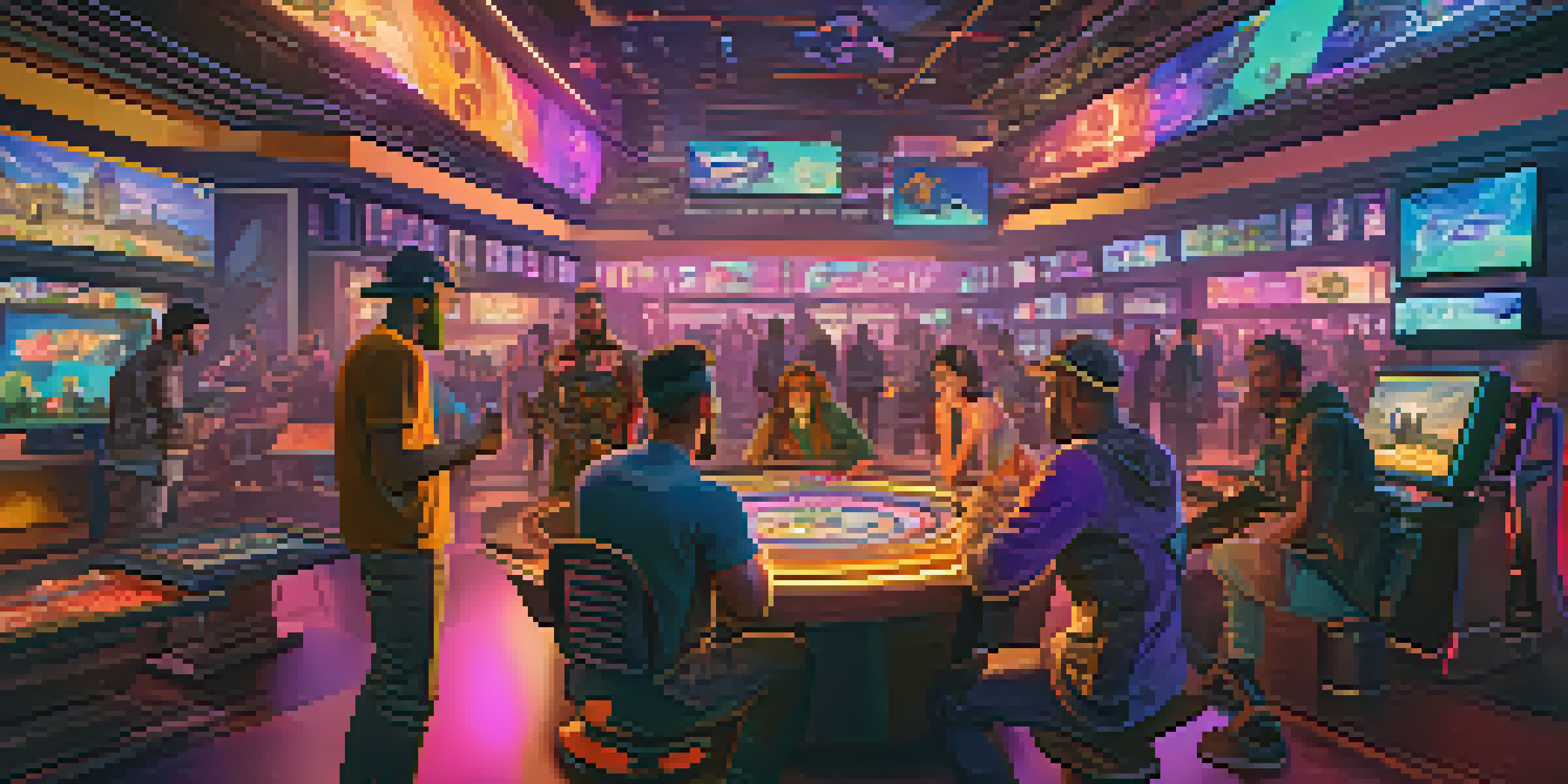 A lively virtual marketplace where players engage with their unique NFT characters and digital assets, surrounded by a futuristic cityscape.