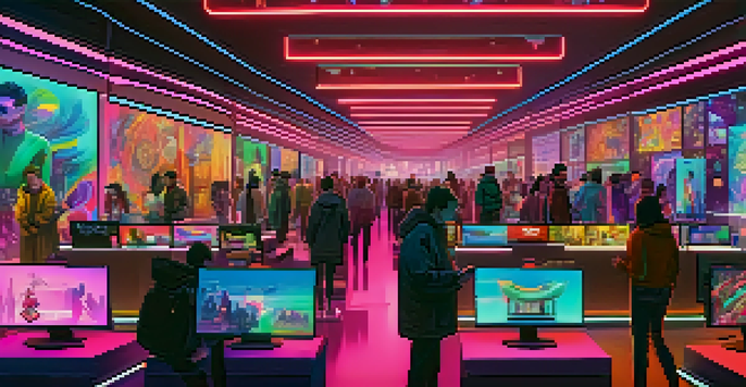 A lively digital art marketplace featuring various NFTs on virtual screens, with artists and collectors interacting amidst a colorful, futuristic environment.