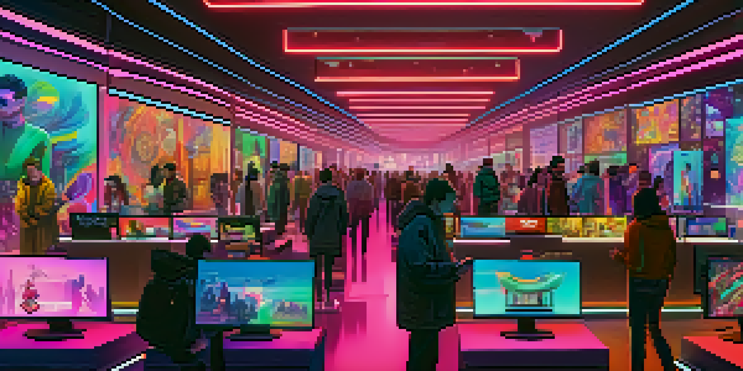 A lively digital art marketplace featuring various NFTs on virtual screens, with artists and collectors interacting amidst a colorful, futuristic environment.