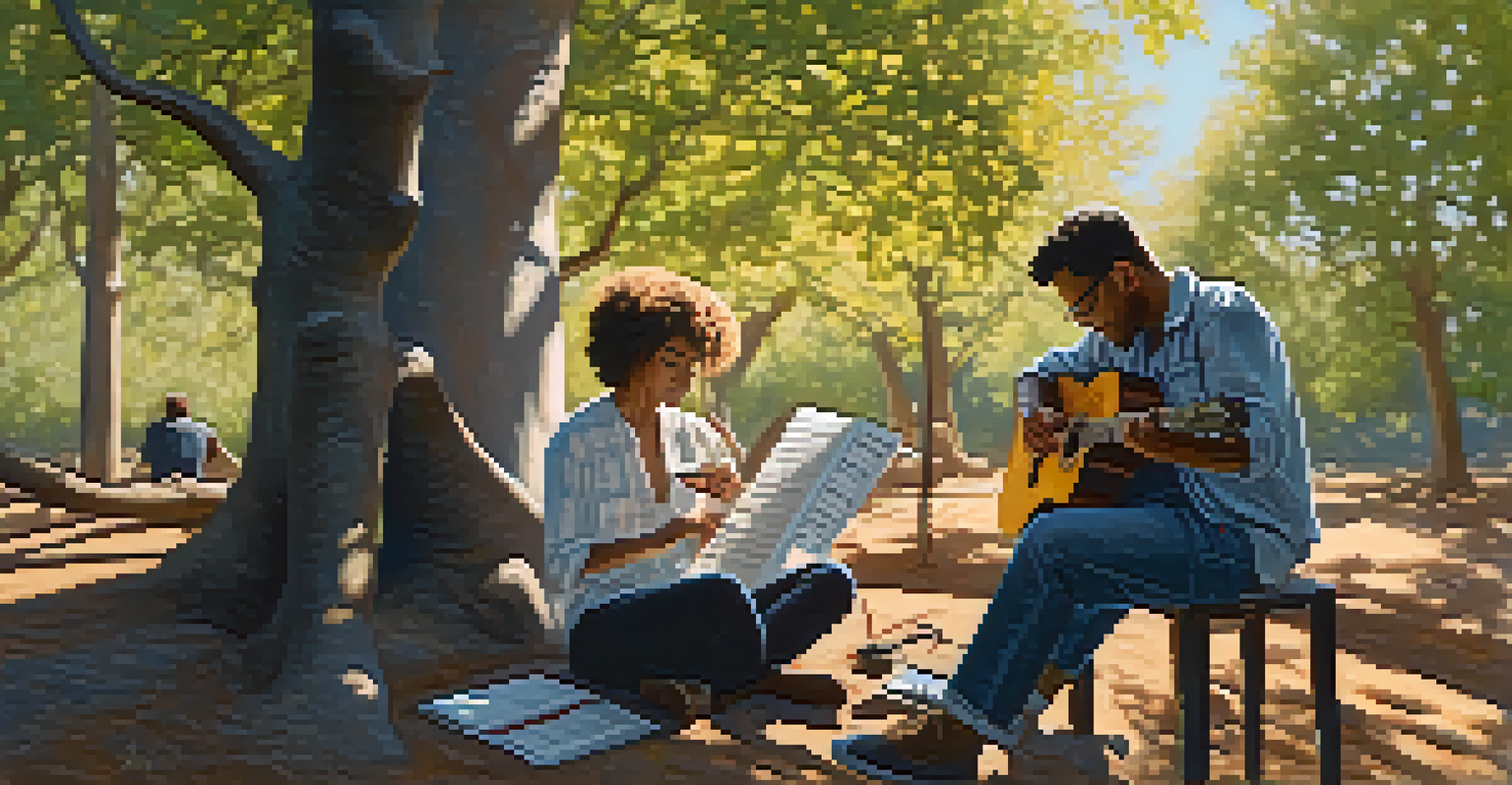 A peaceful scene of a musician and visual artist collaborating outdoors, with sunlight filtering through trees.