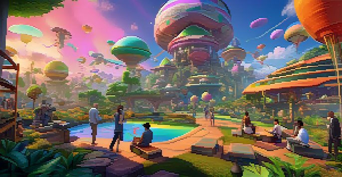 A colorful virtual landscape with players building together in a gaming community, featuring whimsical architecture and lush greenery.