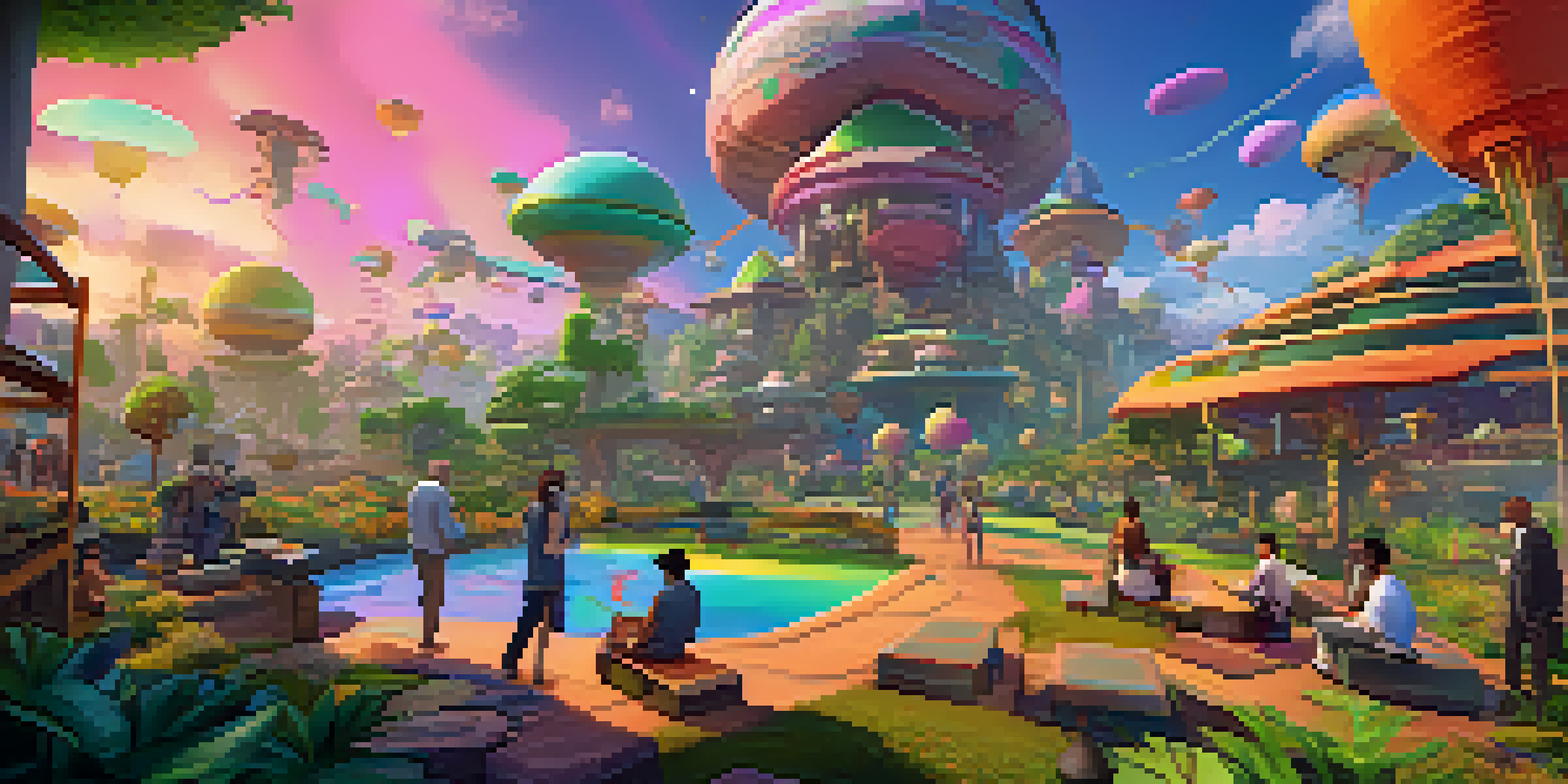 A colorful virtual landscape with players building together in a gaming community, featuring whimsical architecture and lush greenery.