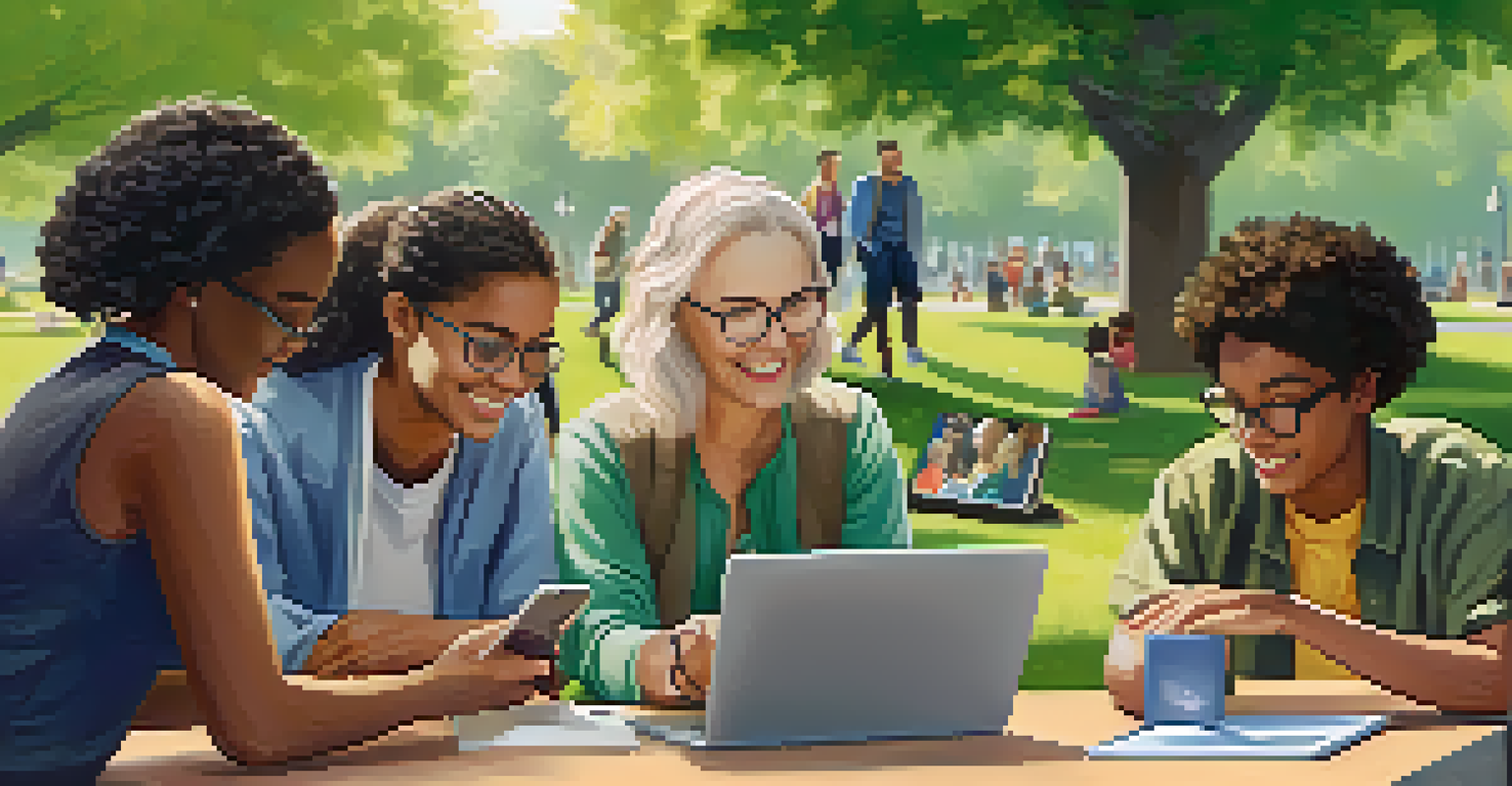 A diverse group of lifelong learners in a sunny park, sharing their NFT achievements on devices, surrounded by greenery and flowers, emphasizing community and collaboration.