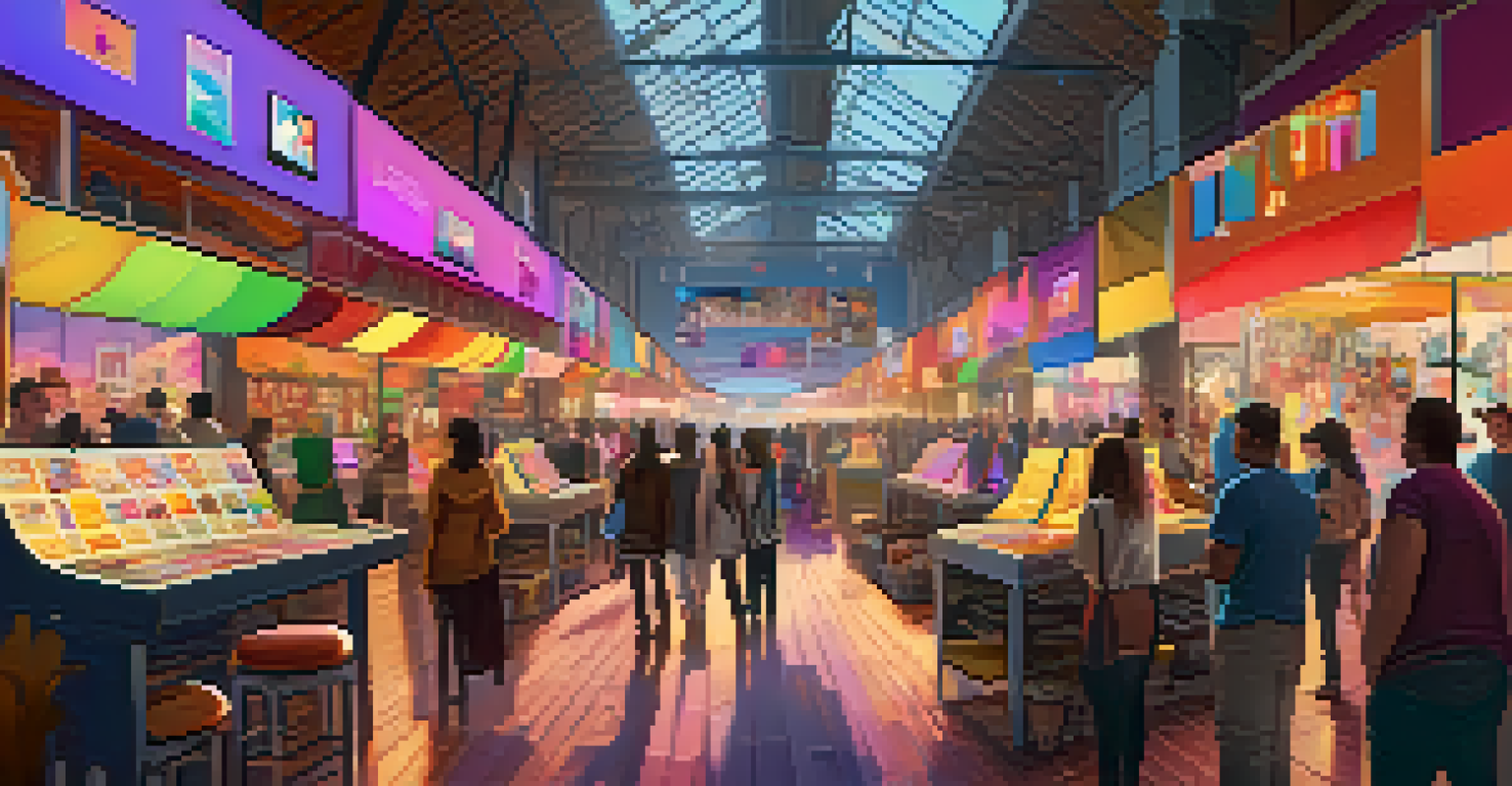 A lively digital art marketplace with artists showcasing their NFTs on colorful booths and digital screens.