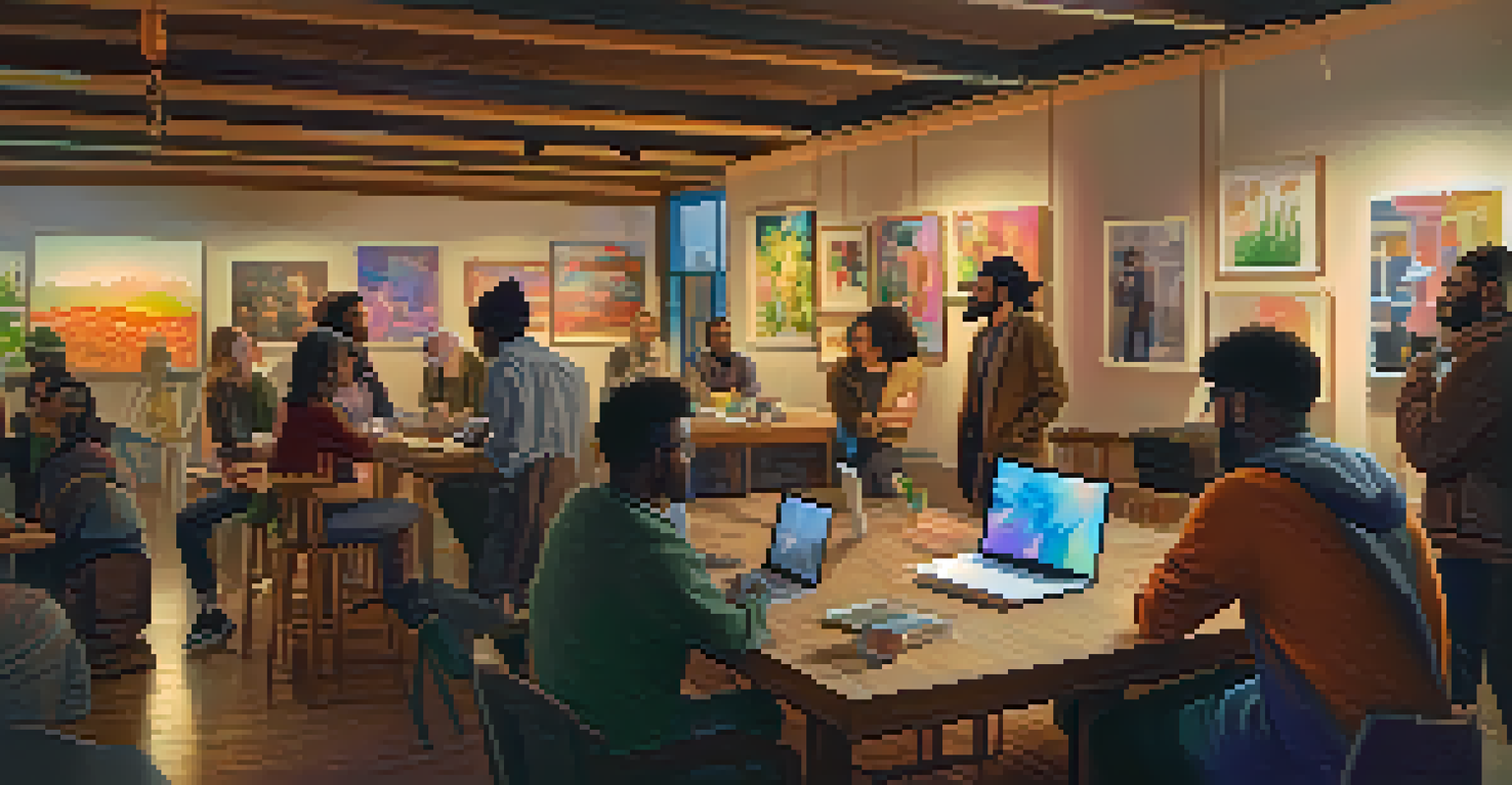 A group of diverse artists in a cozy space, engaged in discussions about their NFT projects, with artwork displayed on the walls.