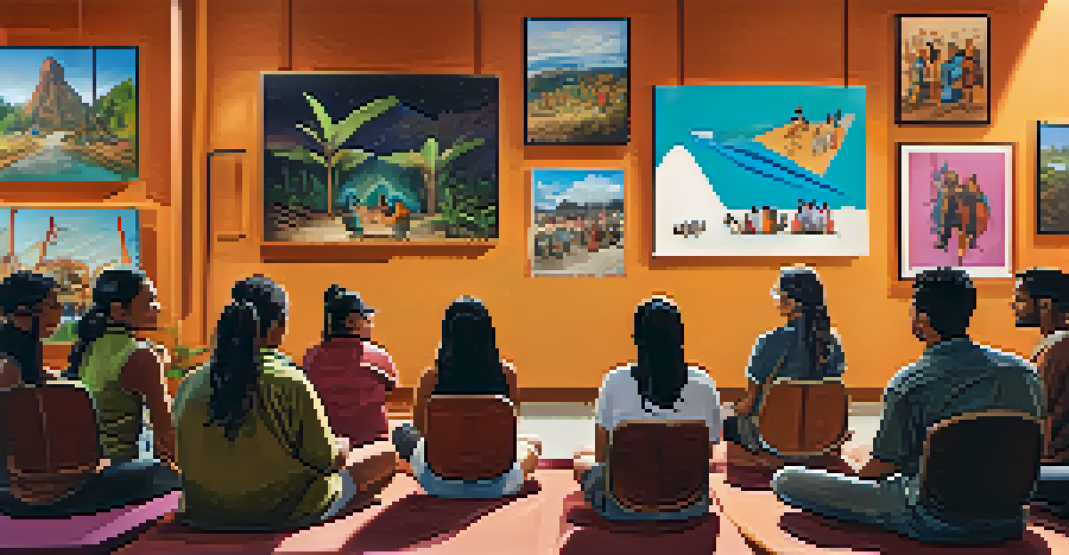 A workshop in an Indigenous community center, with artists learning about NFTs and engaging with a large screen displaying examples.