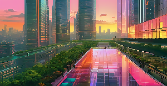 A futuristic cityscape at sunset with skyscrapers reflecting warm colors and people in the streets, featuring digital billboards about NFTs.