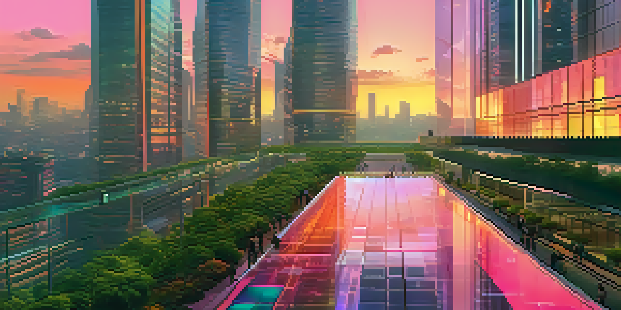 A futuristic cityscape at sunset with skyscrapers reflecting warm colors and people in the streets, featuring digital billboards about NFTs.