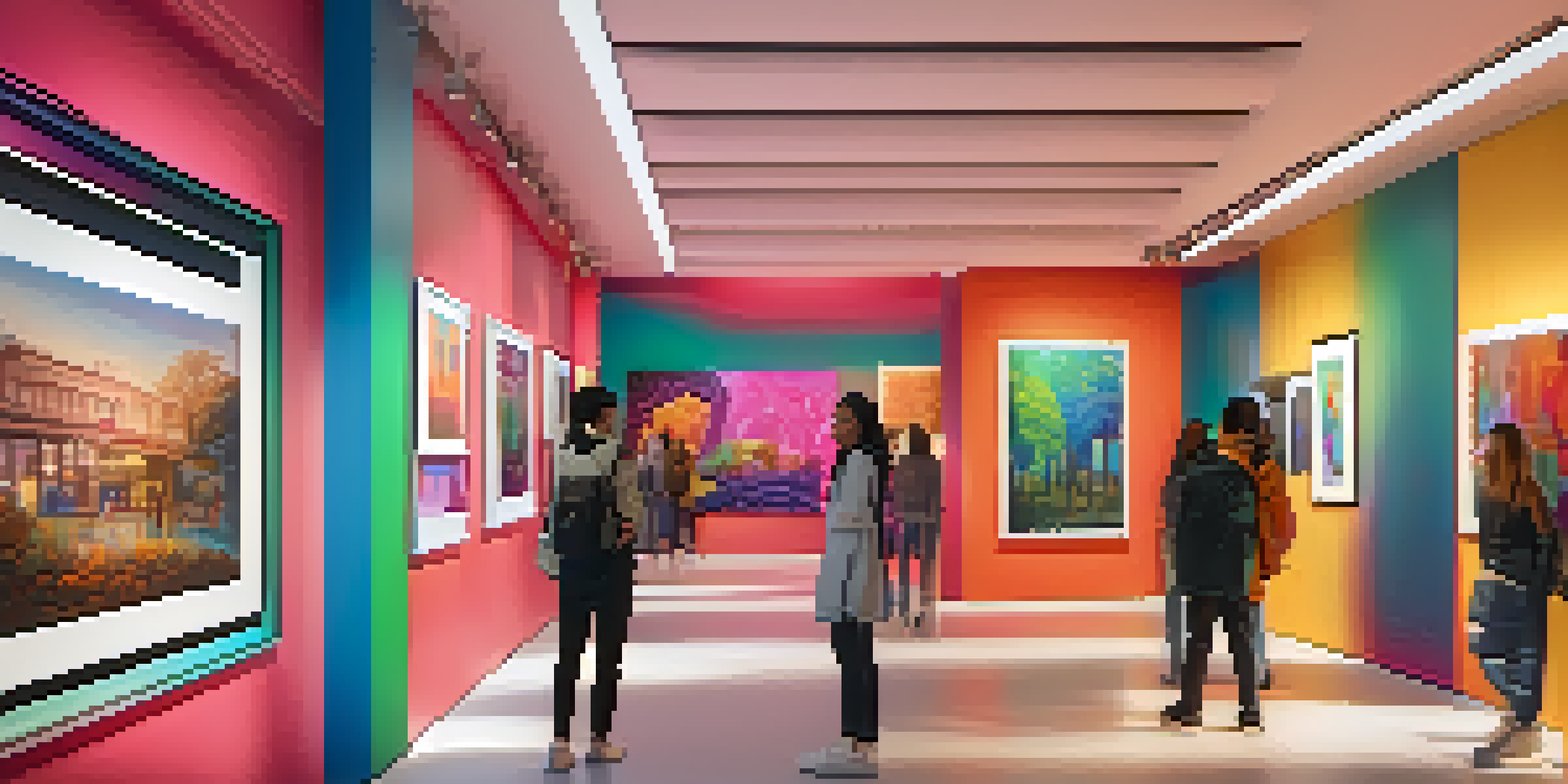 A digital art gallery filled with diverse NFTs, showcasing colorful artwork and modern architecture, with visitors appreciating the pieces.