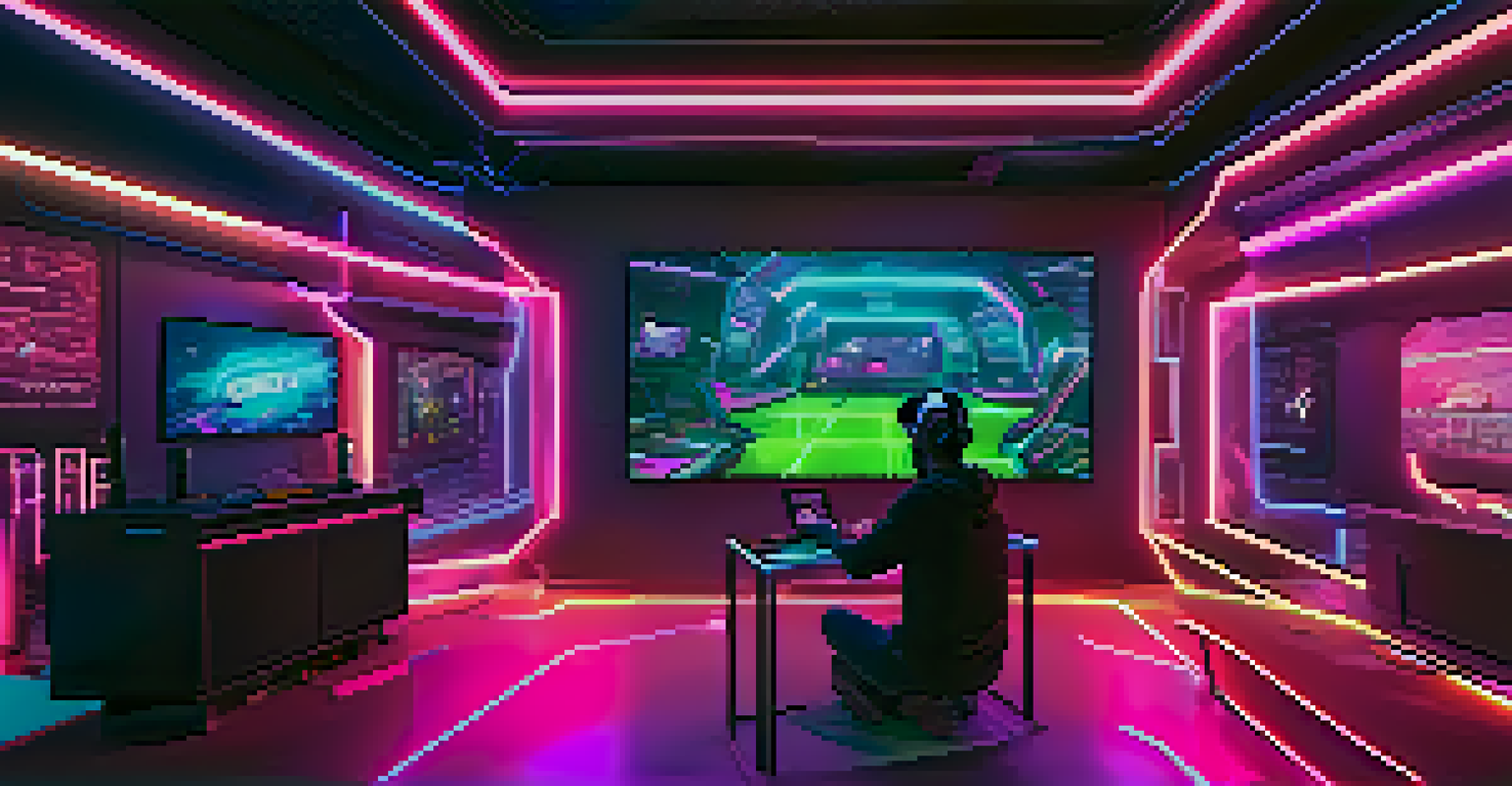 A player immersed in a decentralized game using VR technology in a futuristic gaming room illuminated by neon lights.