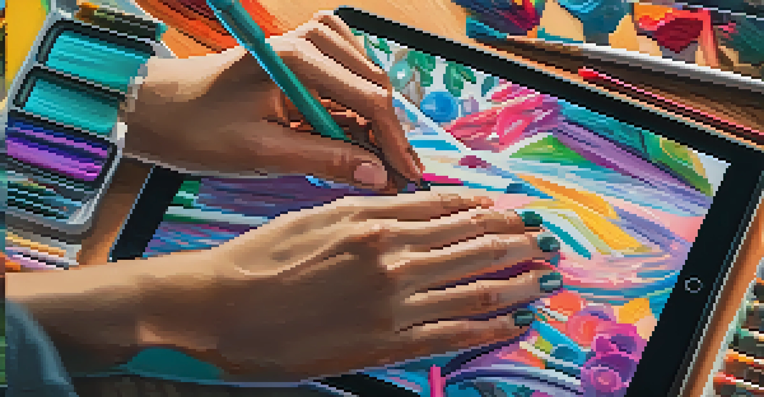 Close-up of a gig worker's hands creating digital art on a tablet, surrounded by art supplies in a cozy workspace.