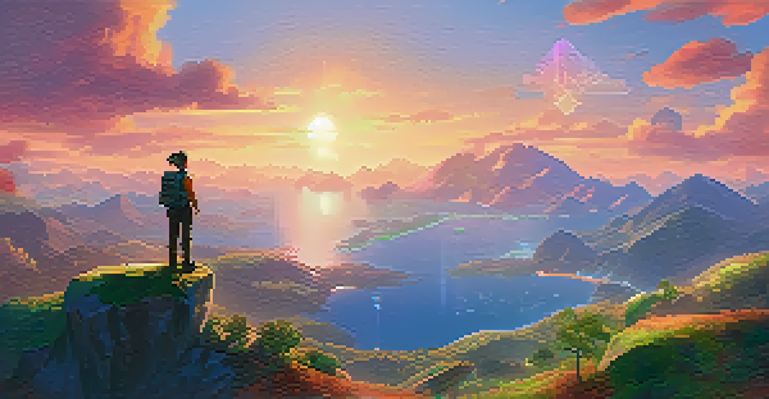 A player on a mountain peak overlooking a digital world with floating islands and pixelated structures at sunset.