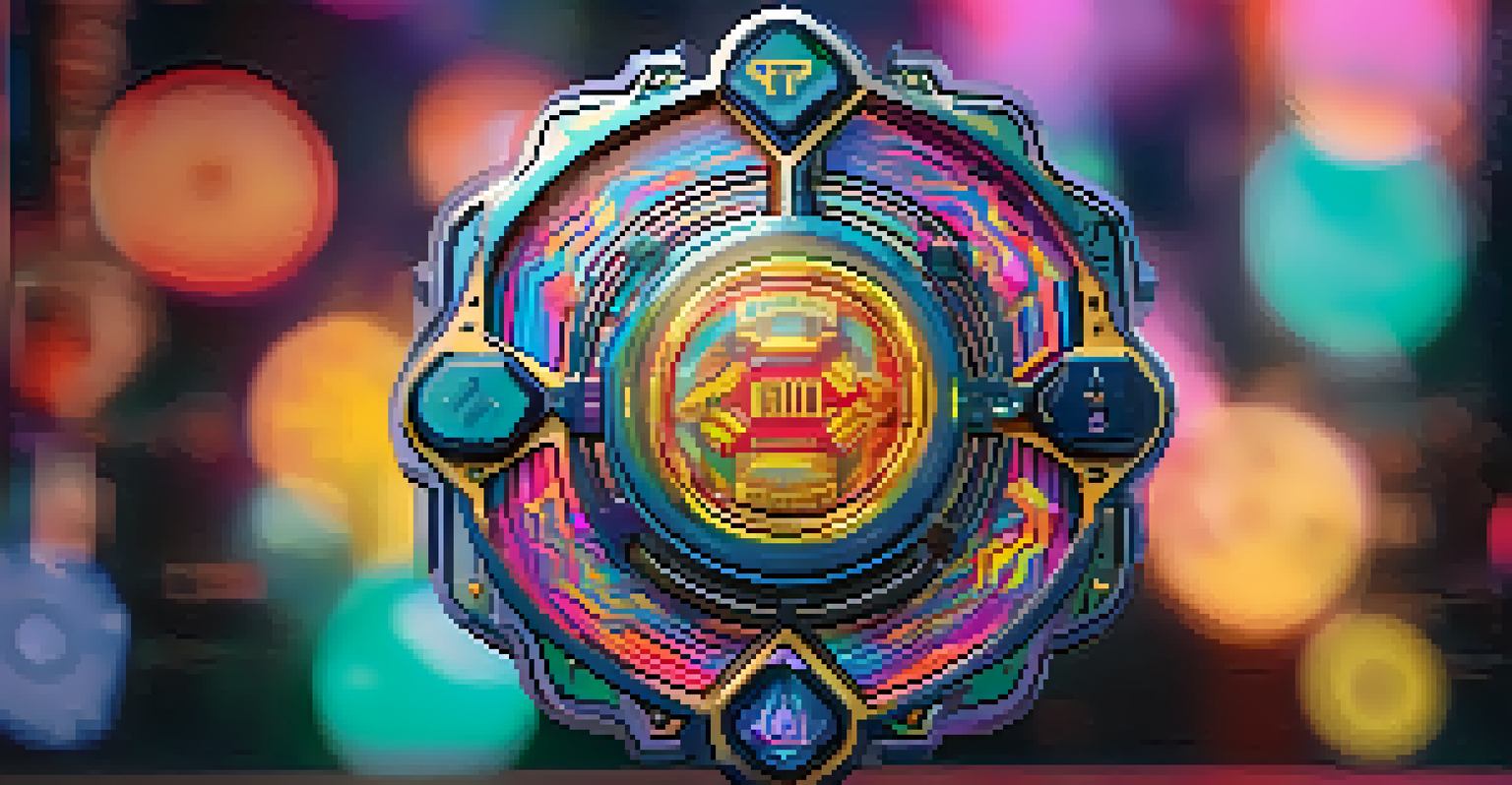 A close-up of a unique NFT badge with colorful patterns on a digital interface against a blurred gaming background.