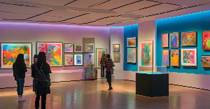 A digital art gallery featuring various NFT artworks displayed on screens, with visitors admiring the vibrant pieces in a well-lit environment.