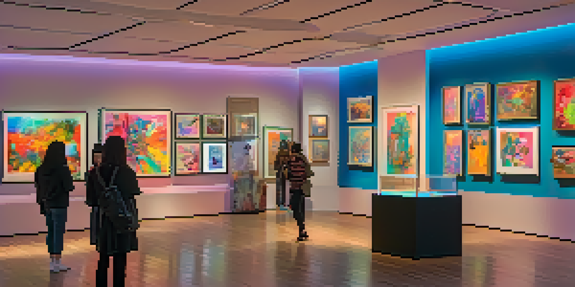 A digital art gallery featuring various NFT artworks displayed on screens, with visitors admiring the vibrant pieces in a well-lit environment.