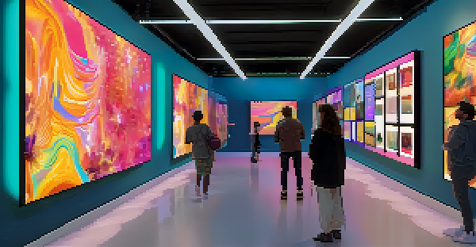 A digital gallery filled with colorful NFT artworks, featuring users interacting and discussing the pieces in a lively environment.