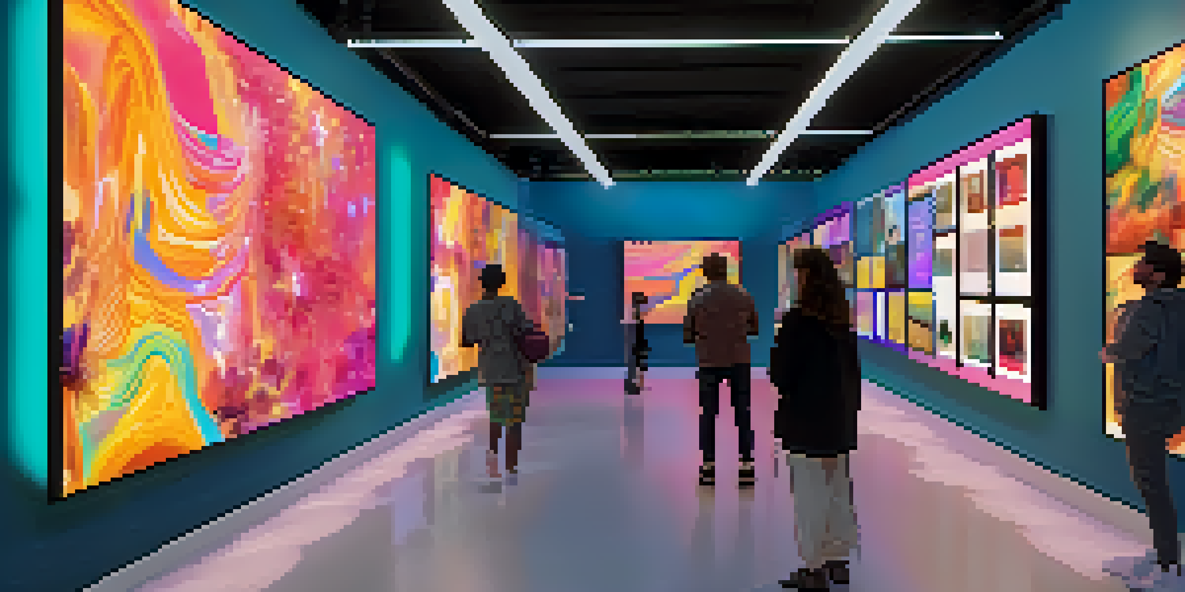 A digital gallery filled with colorful NFT artworks, featuring users interacting and discussing the pieces in a lively environment.