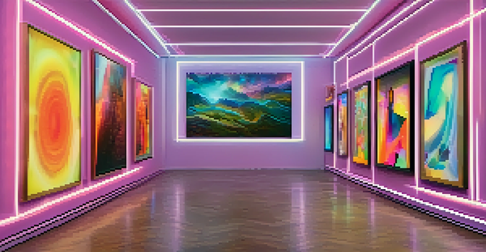 A virtual reality art gallery showcasing colorful digital NFTs with visitors interacting with the artworks.