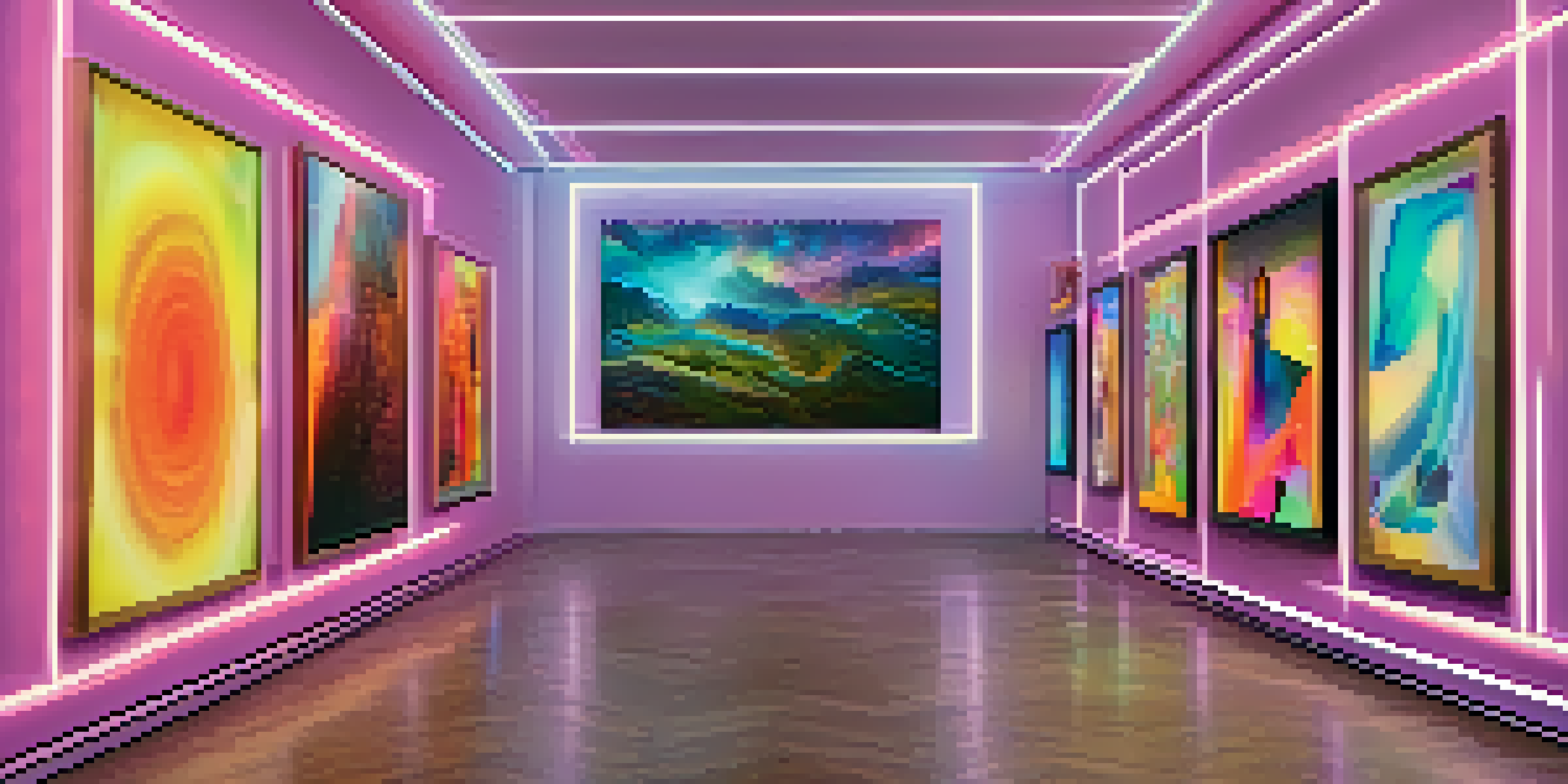 A virtual reality art gallery showcasing colorful digital NFTs with visitors interacting with the artworks.