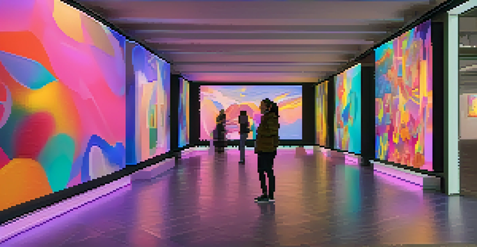 A modern digital art gallery showcasing various abstract NFTs on virtual screens with colorful lighting.
