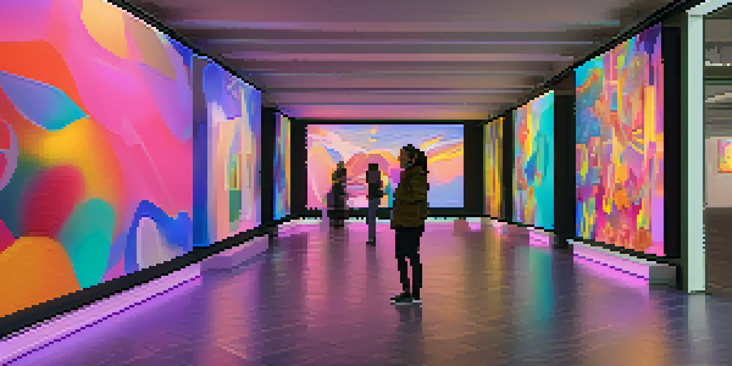 A modern digital art gallery showcasing various abstract NFTs on virtual screens with colorful lighting.