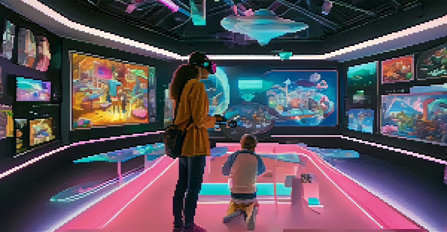A person wearing VR goggles interacting with floating digital collectibles in a futuristic room filled with neon lights.