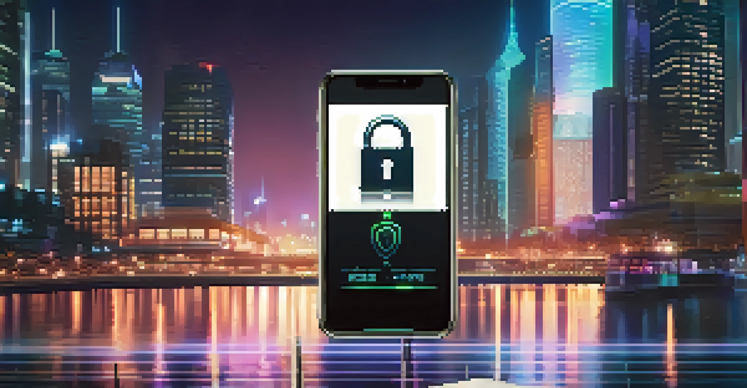 A close-up of a padlock with a digital authentication app on a smartphone set against a blurred neon cityscape background.