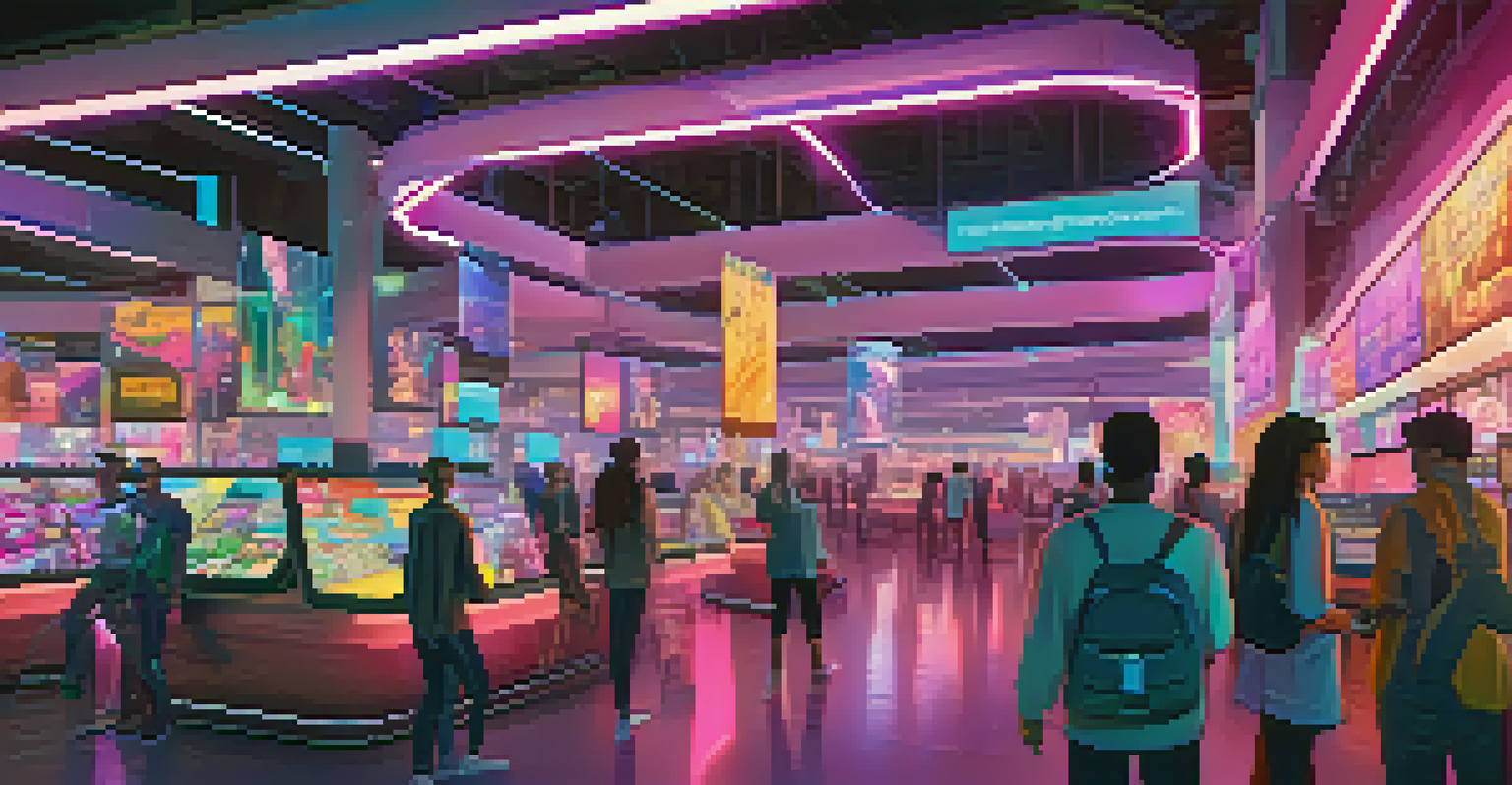 A futuristic digital marketplace displaying holographic NFTs, bustling with avatars of diverse individuals under neon lighting.