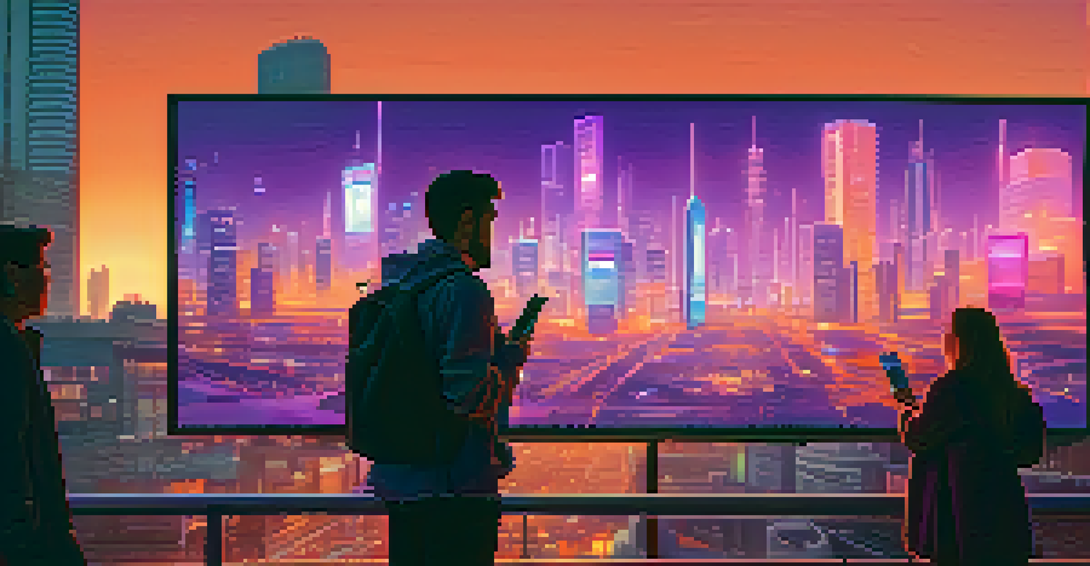 A futuristic cityscape at dusk with digital billboards displaying NFT art, and people interacting with virtual art using smartphones.