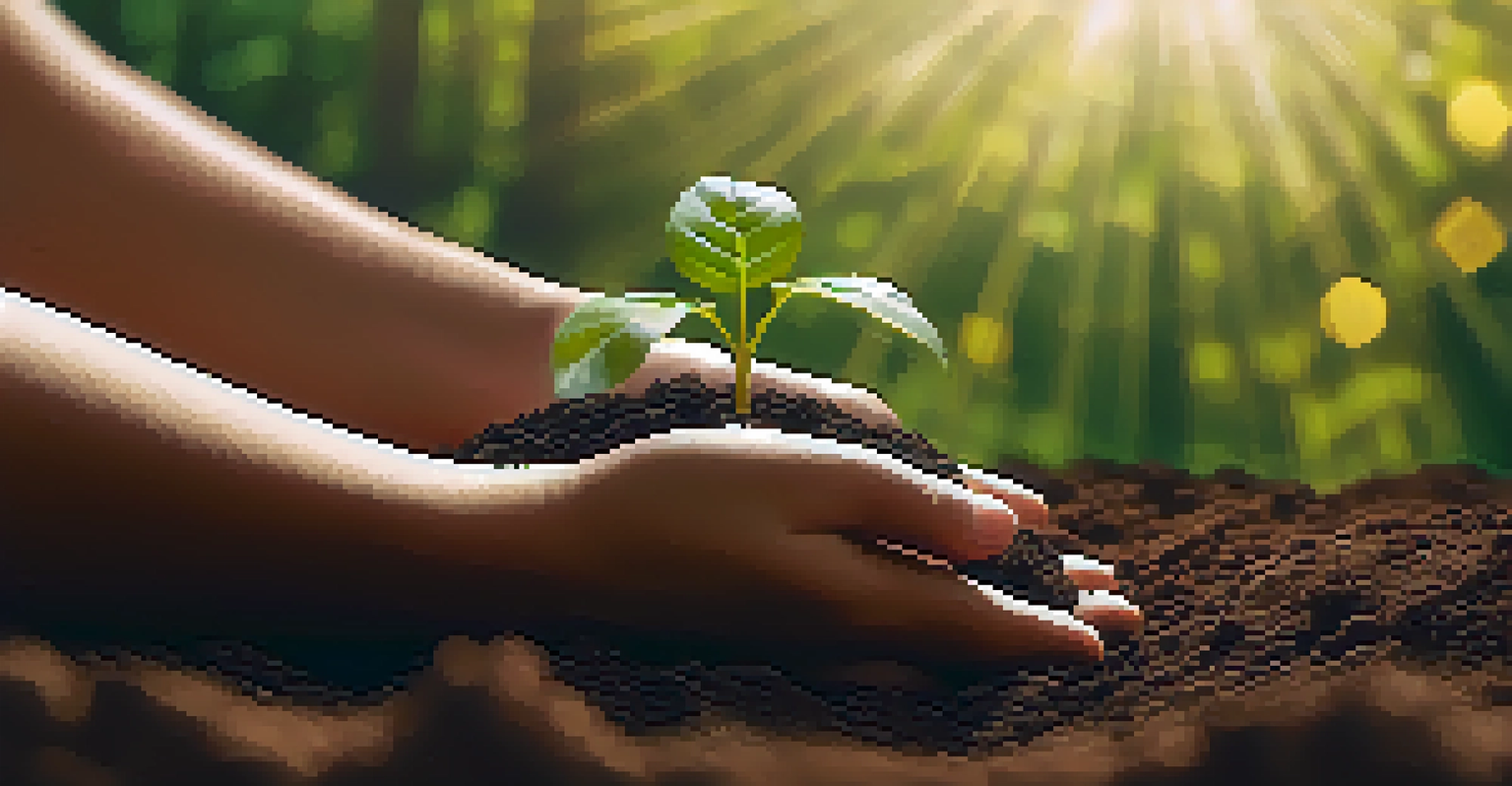Hands planting a sapling with digital screens showing NFT art in the background, emphasizing sustainability.