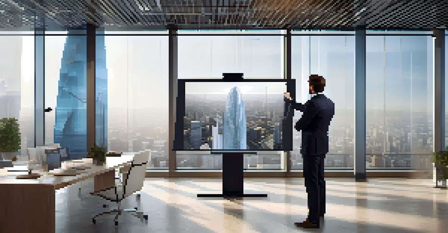 An architect showcasing a digital blueprint of a skyscraper in a modern office with natural light.