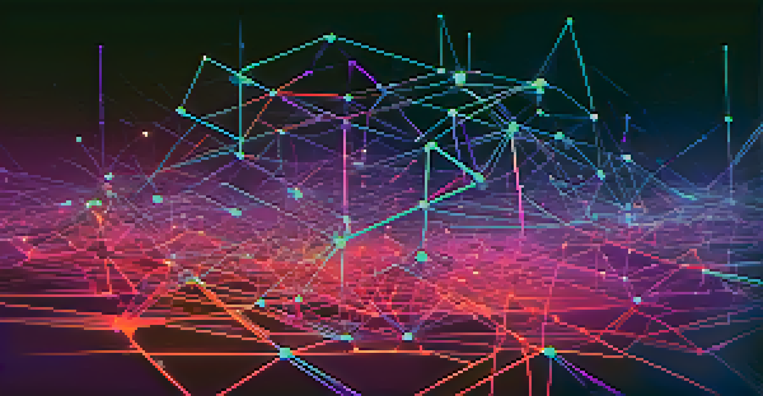 An abstract illustration of interconnected nodes representing blockchain technology on a gradient background.