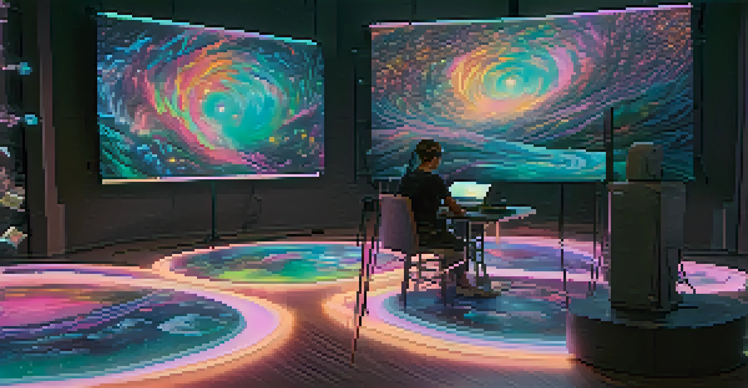 An artist creating digital art with glowing NFTs on screens in a warmly lit creative studio.