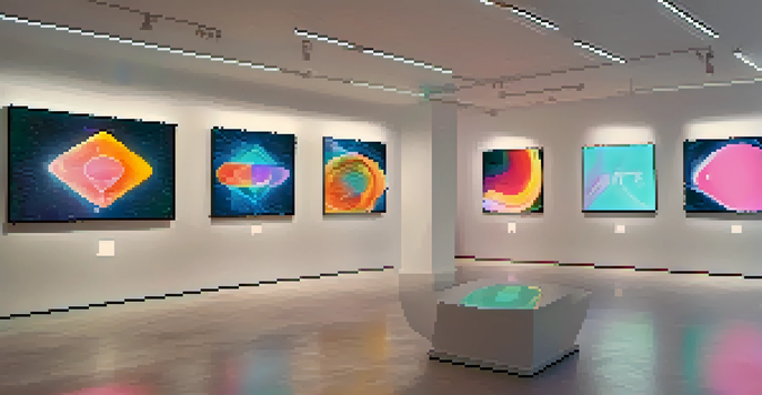 A digital art gallery with multiple screens displaying various colorful NFTs under soft ambient lighting.