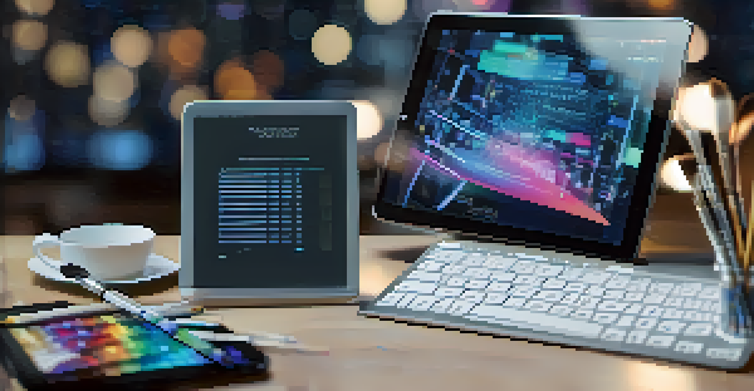 A digital tablet displaying a smart contract, surrounded by art supplies and digital displays.