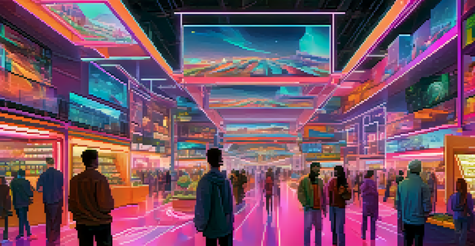 A vibrant NFT marketplace with holographic displays and people interacting, illuminated by bright neon colors and integrated blockchain visuals.