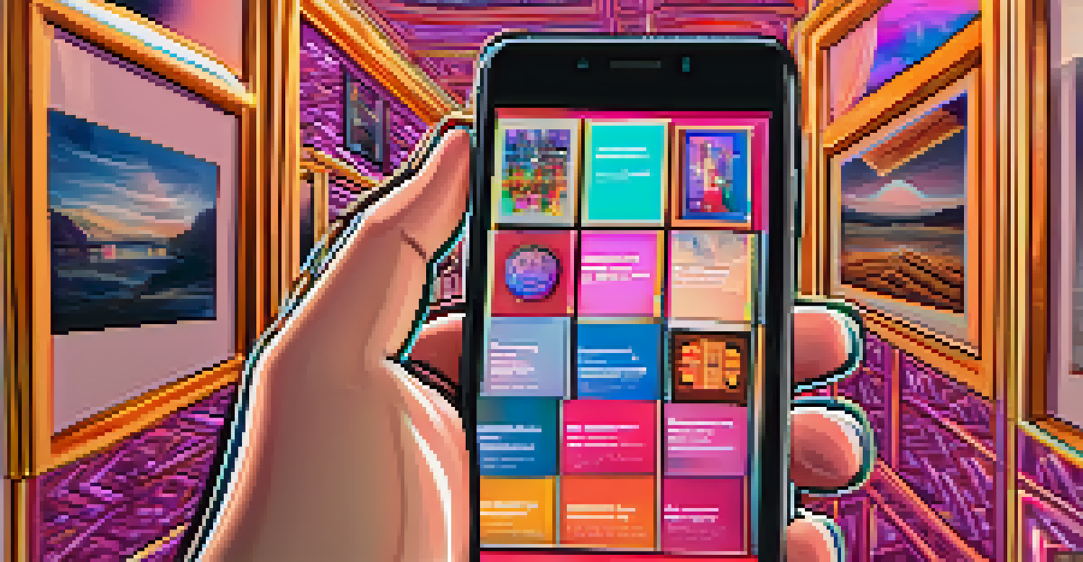 A person using a smartphone to browse an NFT marketplace, with colorful artworks on the screen.