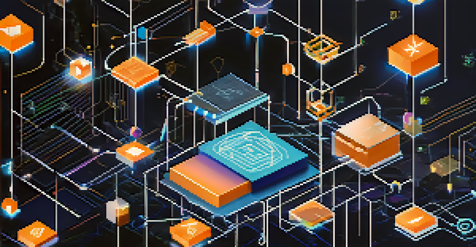 An abstract depiction of blockchain technology with interconnected nodes and colorful NFTs, set against a deep blue background.