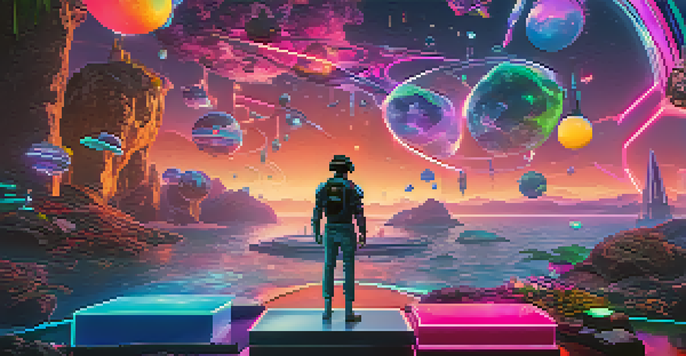 A player engaged in a virtual reality game, wearing a VR headset, surrounded by colorful holographic NFT items in a fantastical landscape.