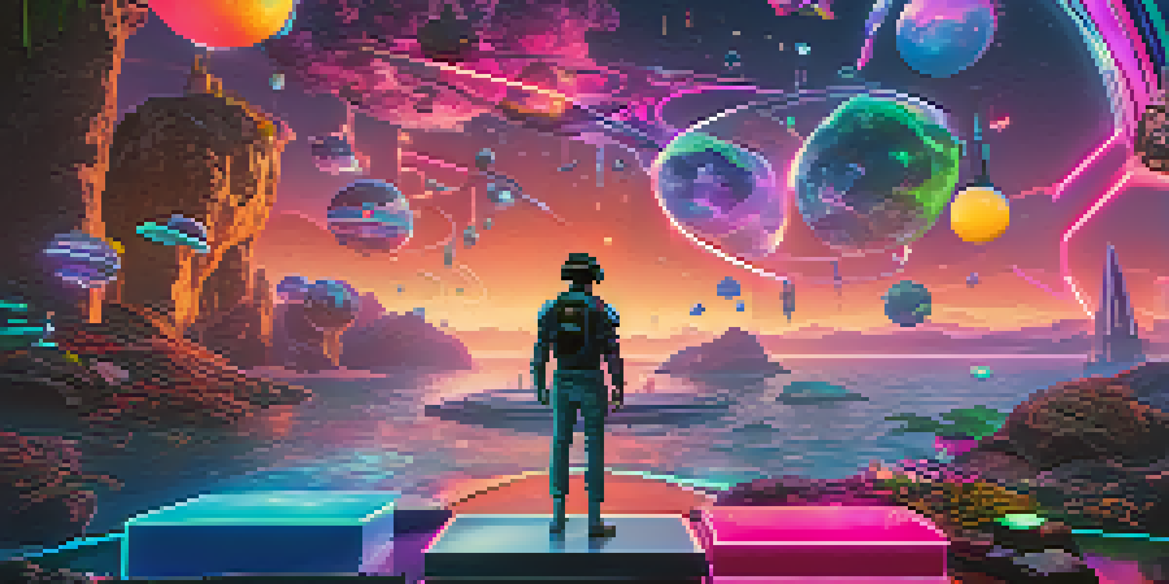 A player engaged in a virtual reality game, wearing a VR headset, surrounded by colorful holographic NFT items in a fantastical landscape.