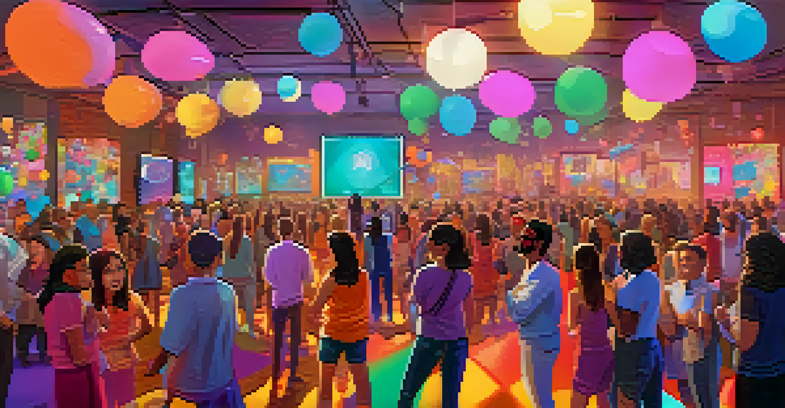 A vibrant virtual art auction scene for NFTs, featuring avatars interacting in a colorful digital space with animated artwork and lively chat bubbles.