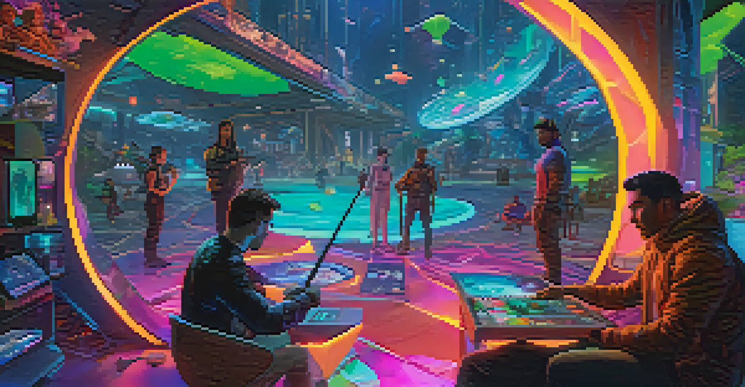 A futuristic gaming scene with players interacting with NFTs, featuring a glowing sword and a vibrant landscape.