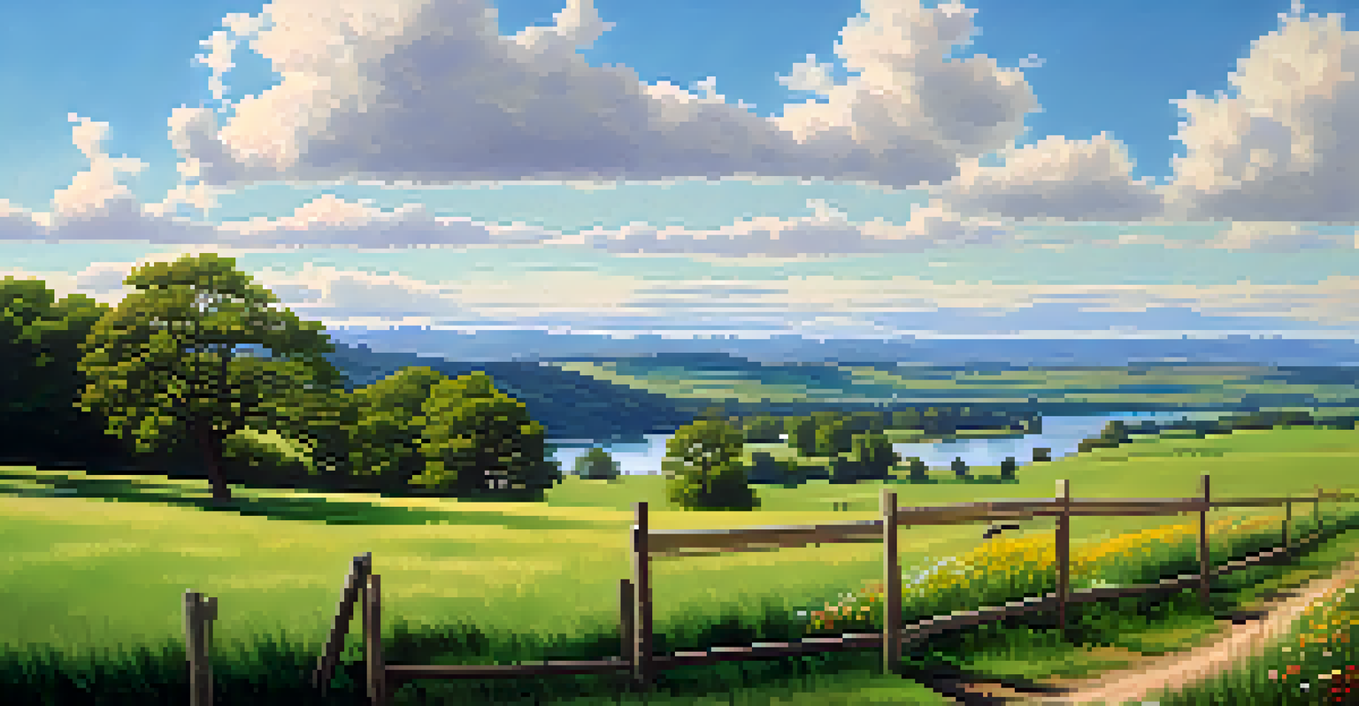 A peaceful landscape with a green field, colorful wildflowers, and a clear blue sky.