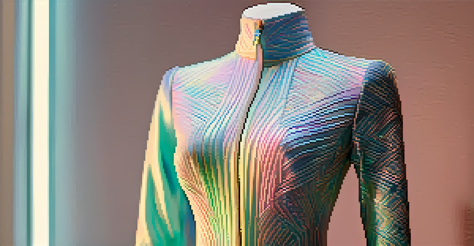A close-up of a shimmering digital garment on a virtual mannequin, showcasing intricate patterns and textures against a pastel background.