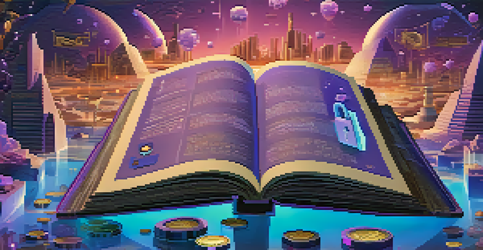 An illustration of NFTs in literature with a glowing digital book, lock symbol, floating icons of coins and art, and a futuristic digital landscape.