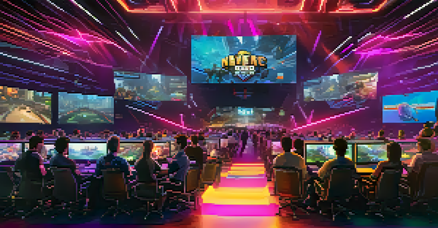 A gaming tournament in a virtual arena featuring players showcasing their rare NFTs as trophies, with cheering avatars and colorful lighting.