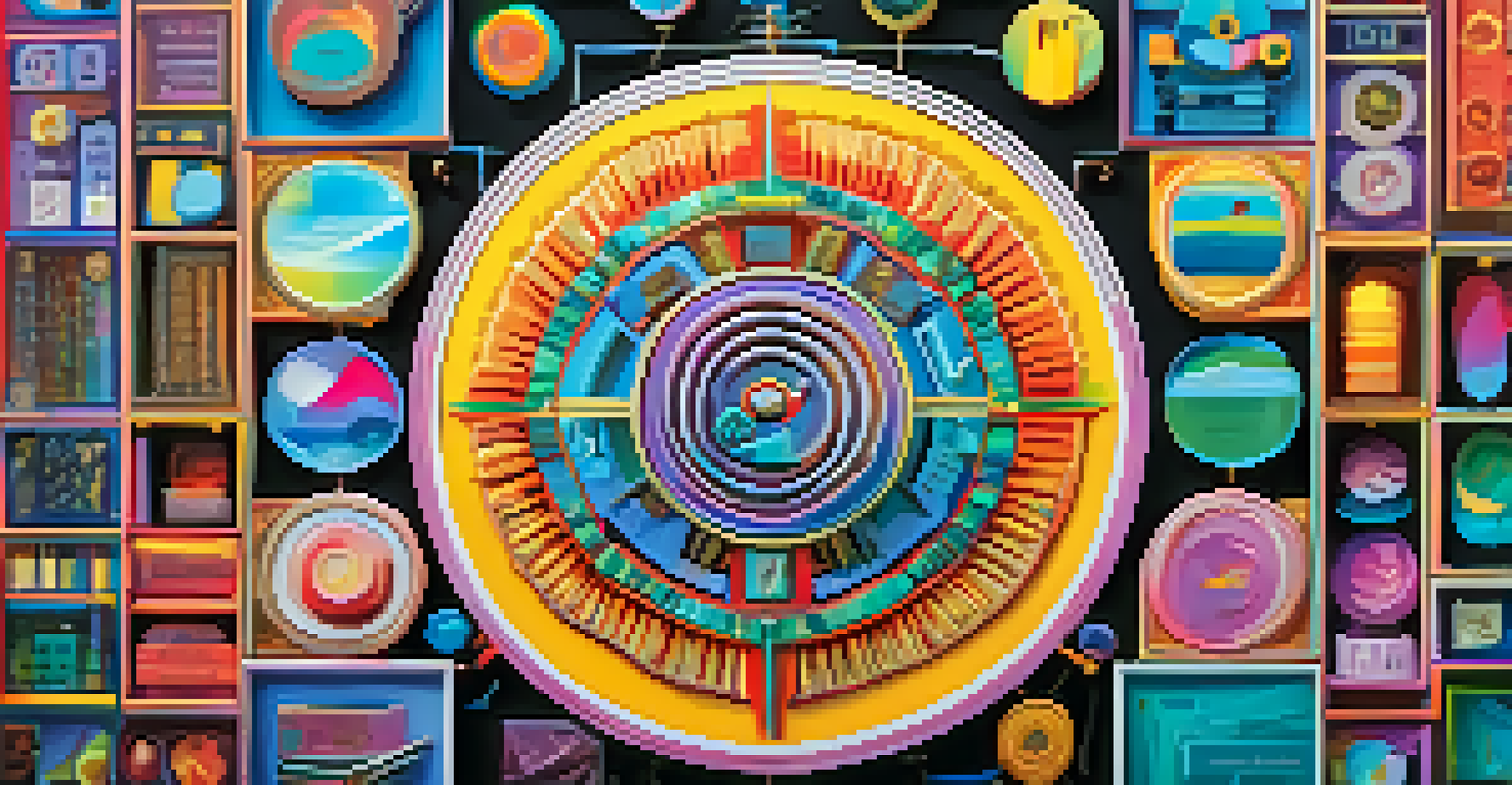 A close-up of a colorful digital art piece as an NFT, surrounded by icons representing smart contracts and digital ownership.
