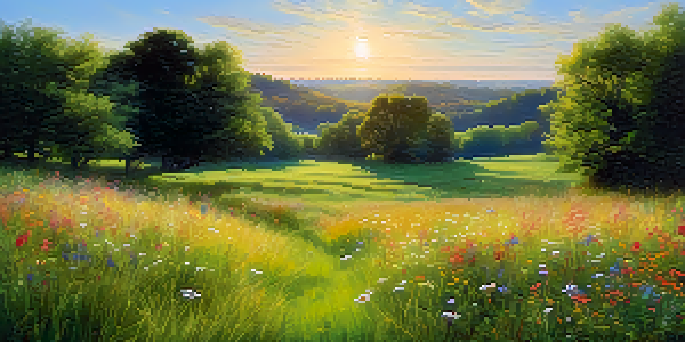 A peaceful meadow filled with colorful wildflowers and soft green grass, under a bright blue sky with a distant line of trees.